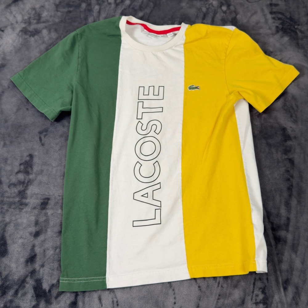 Lacoste T-Shirt Mens Small White Green Yellow Colorblock Logo‎ Regular Fit 2823